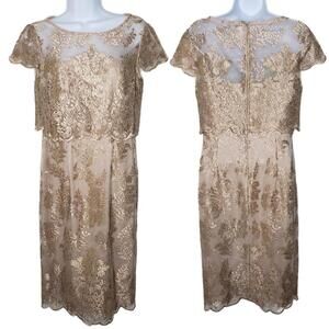 Adrianna Papell Women's Sz 6 Gold Embroidered Floral Lace Formal Dress(1818)
